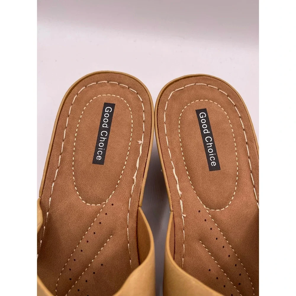 Good Choice Selva Tan Wedge Sandals Gold Buckle Slides Womens 10